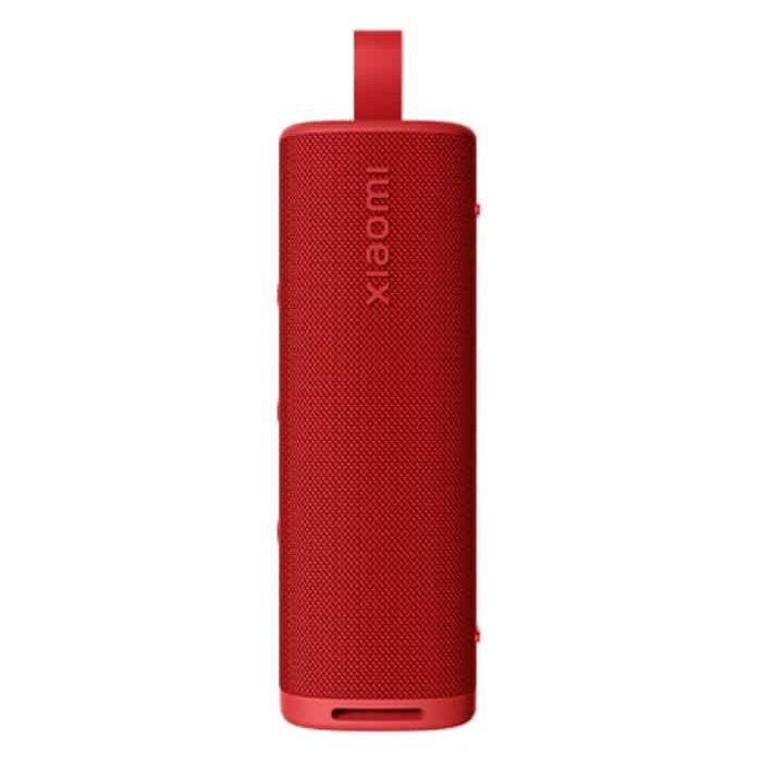 Altavoz Bluetooth portátil rojo con acabado textil resistente