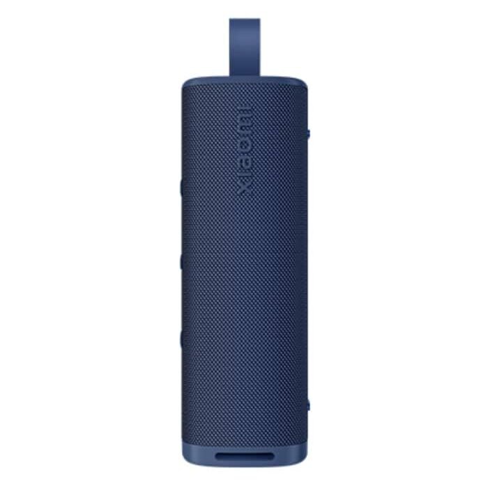 Altavoz Bluetooth portátil azul marino visto en vertical