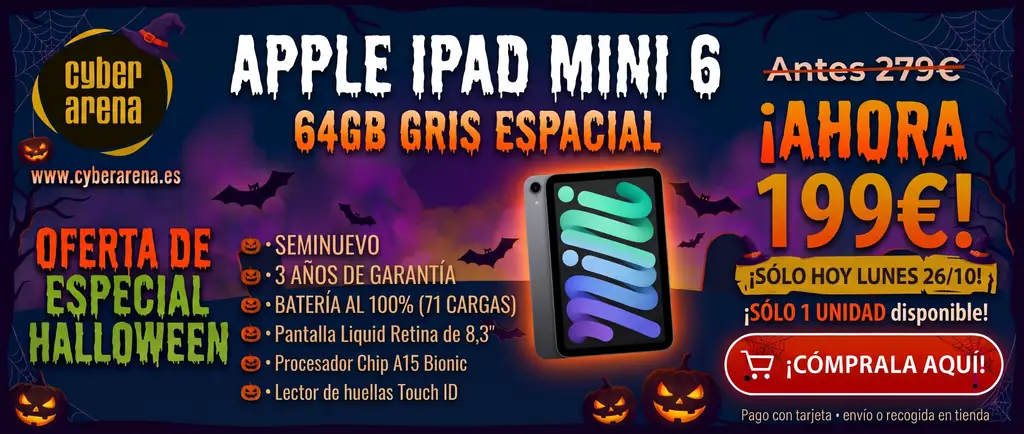 Oferta Halloween: iPad mini 6 64GB Gris Espacial por 199 € (antes 279 €), solo hoy lunes 26/10
